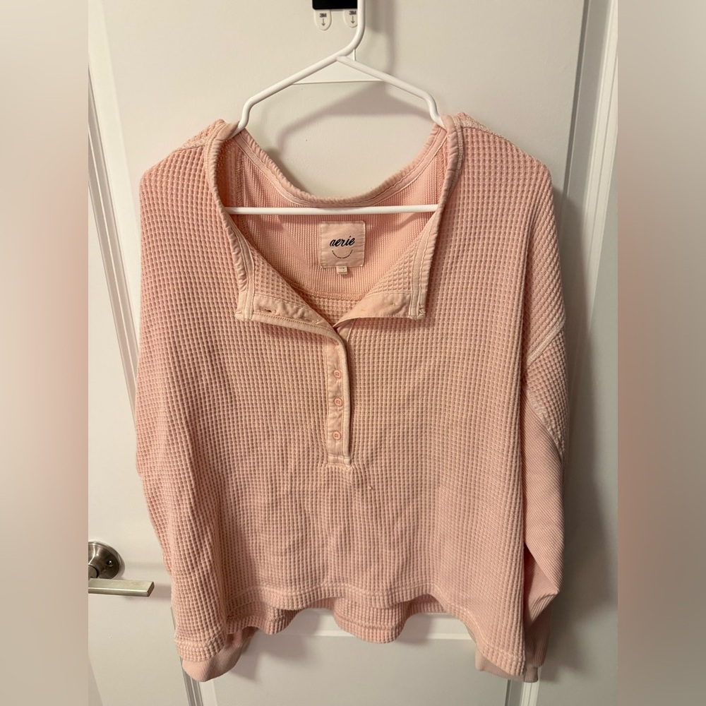 aerie Waffle Knit Henley Long Sleeve Top - Light Pink